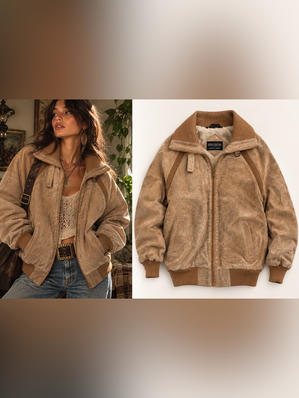 Vintage 20th Century Genuine Leather Bomber Jacket Tan Sherpa Lined 11/12 Small